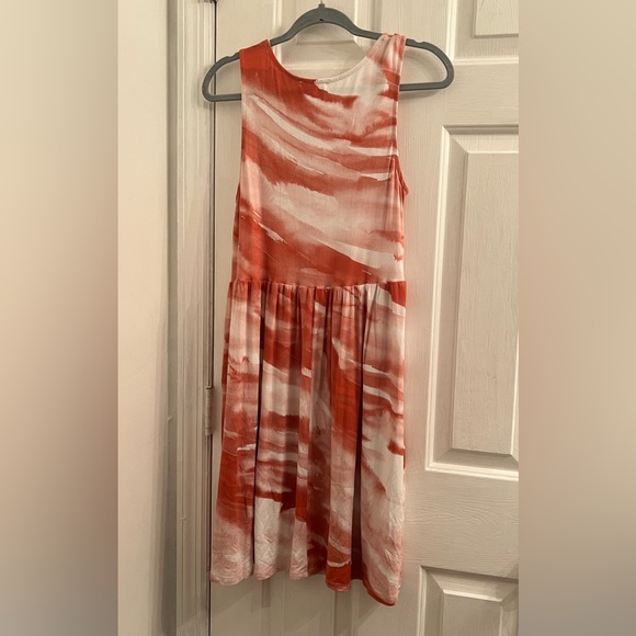 Size small rust red orange acid wash tie dye flowy sleeveless dress w/ pockets - Picture 3 of 6